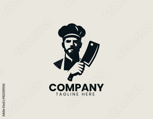 Butcher man character holding classic meat cutting tools illustrated as strong clean black vector logo