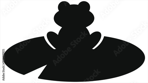 Minimalist spring season vector illustration of cute frog silhouette resting on lily pad in calm pond water, black and white wildlife logo icon, perfect for nature, wetlands, eco friendly design theme
