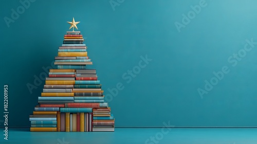 Celebrate the holidays with the magic of reading and a unique book tree topped with a gold star perfect for library promotions or holiday book sales