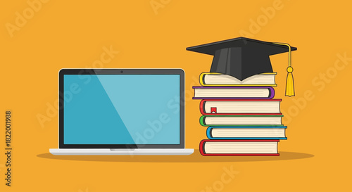 Laptop and stack of books with graduation cap symbolizing higher education, online learning, and academic achievement