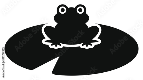 Charming Spring Frog on Lily Pad Vector Illustration: Cute Amphibian Resting in Serene Pond Habitat, Black and White Silhouette Design for Nature Clipart, Seasonal Wildlife Graphic