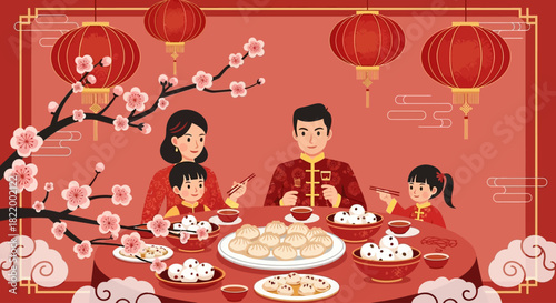 Happy Chinese New Year family reunion dinner with festive decorations and traditional food
