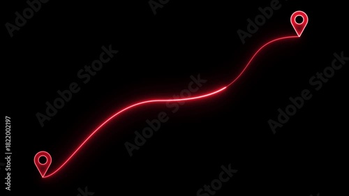 Red neon route with map pins and wavy path navigation. 4k video .