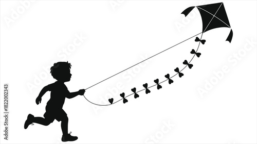 Spring Kite Flying Silhouette Vector: Boy Running with Kite, Outdoor Spring Fun Activity, Black Silhouette on White Background, Seasonal Play Illustration, Minimalist Design for Decor, Prints, Cards