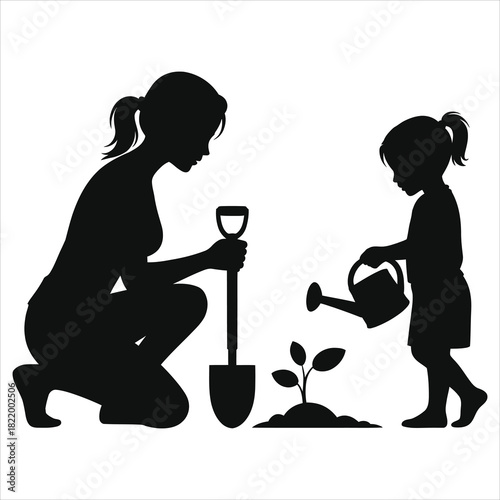 Family Gardening Silhouette: Mother and Child Planting a Seedling Vector. Spring Activity, Nurturing Nature, Growth, and Teamwork Concept.