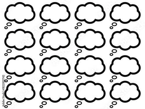 A pattern of sixteen black and white thought bubble illustrations