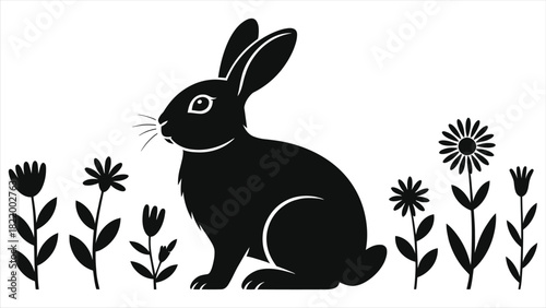 Minimalist Black and White Vector Illustration: Charming Rabbit Silhouette in a Spring Meadow with Stylized Flowers