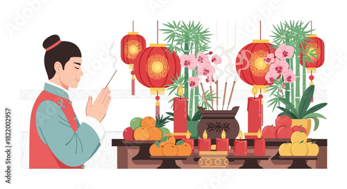 Traditional Chinese New Year altar with offerings and a person praying for good fortune
