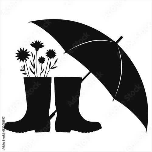 Spring Gardening Silhouette Vector. Rubber Rain Boots with Growing Wild Flowers and Umbrella Icon. Monochrome graphic symbolizing growth, rain, fresh season, and nature.