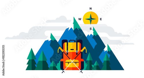 Adventure awaits Backpacking and hiking gear set against a backdrop of scenic mountains and a compass indicating direction