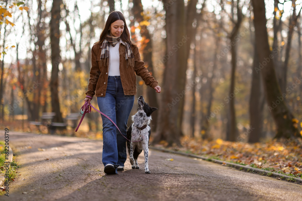 Obraz premium Woman walking her cute dog in autumn park, space for text