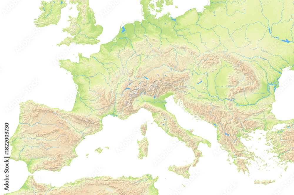 Obraz premium Map of Southern Europe showing the isolated landmasses with relief representation, rivers, lakes. No boundaries. No labels at all.