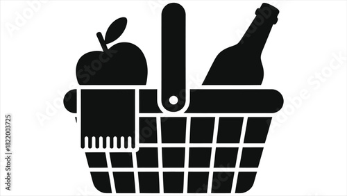 Spring Picnic Basket Silhouette Vector Icon. Minimal Black Hamper Symbol with Apple, Bottle, Cutlery. Flat Design for Outdoor Spring Leisure, Picnic Event, Seasonal Outing. Monochrome Graphic for Apps