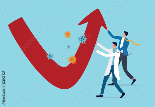 Fight to stop Coronavirus COVID-19 outbreak crisis, help save economy and business to survive in financial crisis concept, businessman government and doctor medical worker help pushing economic graph