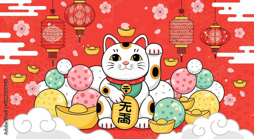 Traditional Chinese New Year Decorations and Lucky Cat with Festive Ornaments for Celebration