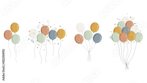 Bouquets de ballons couleurs neutres – Illustration festive moderne et élégante - Eléments vectoriels colorés éditables pour la fête et les célébrations diverses ( fête d'enfant, anniversaire etc...)