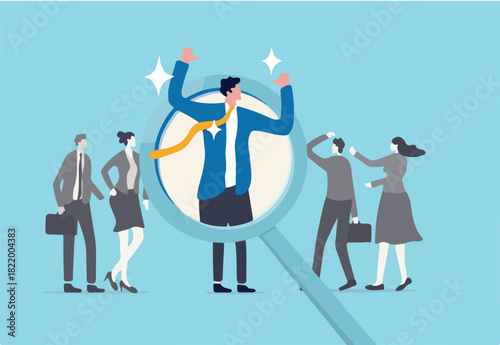 Outstanding winner candidate for job position, stand out from the crowd, notable, different or distinct person concept, confidence businessman stand out on human resource magnifying glass recruitment.