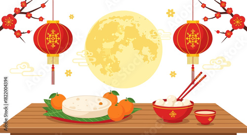 Traditional Mid-Autumn Festival Celebration with Full Moon, Lanterns, and Festive Food Display on Wooden Table