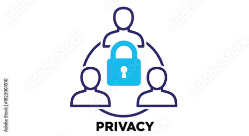 A blue shield protects three stick figures symbolizing data privacy and security concepts