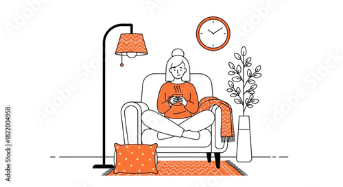 Cozy woman relaxing in armchair with hot drink, surrounded by warm home decor, conveying comfort and tranquility