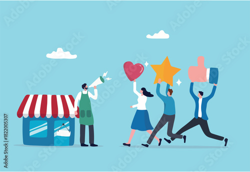 Customer loyalty or retention, marketing strategy for return customer, CRM to increase sale and satisfaction concept, store owner with megaphone tell loyalty customers with brand positive feedback. 