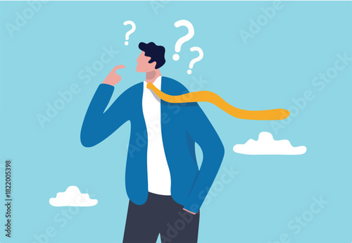 Skeptical, distrust or questioning about business deal, thinking to make decision, doubtful or confusion concept, businessman with suspicious gesture thinking about things with question mark signs.