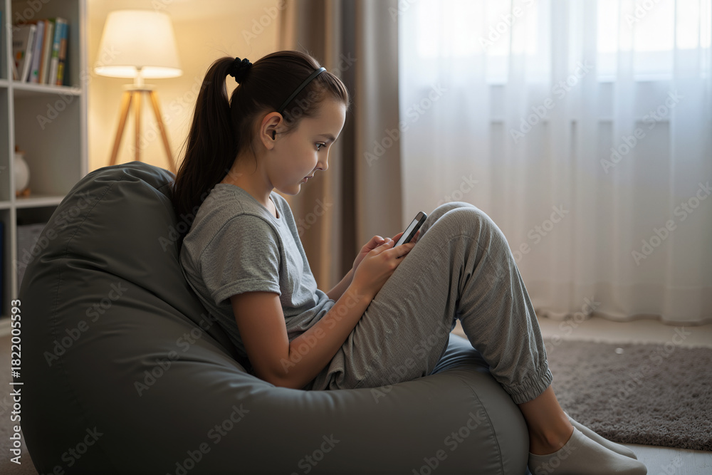 Fototapeta premium Teenage girl with bad posture using smartphone, text neck and teen tech addiction concept