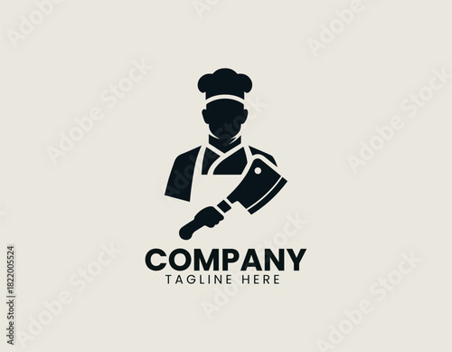 Butcher man character holding classic meat cutting tools illustrated as strong clean black vector logo