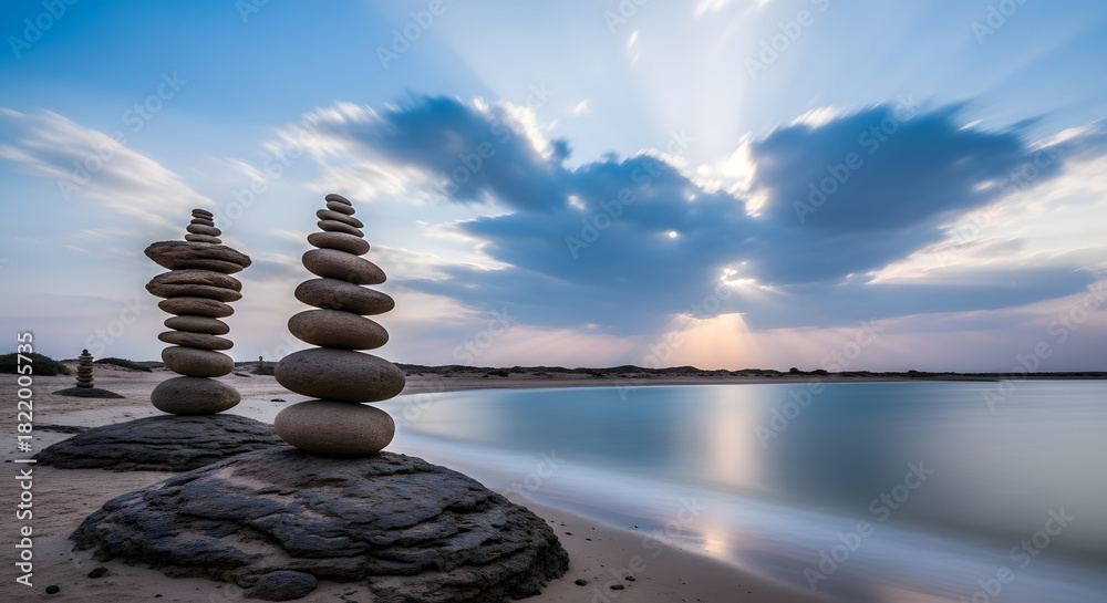 Obraz premium Serene Beach Landscape with Stacked Rocks at Sunset, Featuring Dramatic Clouds and Calm Ocean Waters