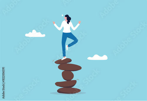 Harmony, balance or meditation, mindfulness relaxation for life wellness, zen or spiritual therapy, focus or concentration concept, calm young woman meditate in yoga pose and balance on rock stack.