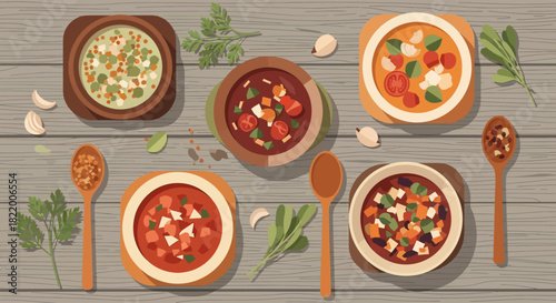 A top-down view of various delicious and healthy soups served in bowls with spoons on a wooden table
