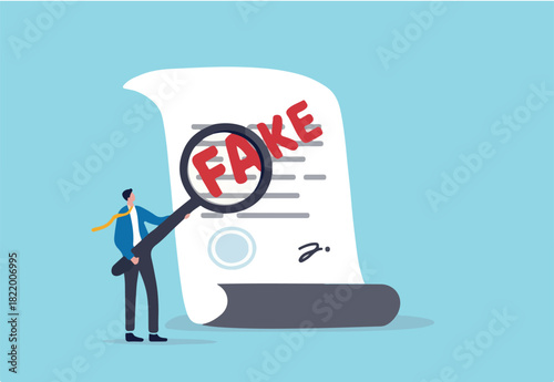 Fake document, wrong information verification or fake news inspection, fraud and illegal reports concept, smart businessman inspector using magnifying glass to verify fake document