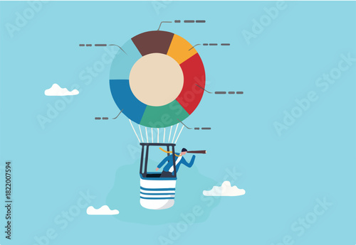 Business pie chart forecast, prediction or plan, investment asset allocation, marketing diagram or statistics data, research concept, businessman look through telescope on pie chart diagram balloon.