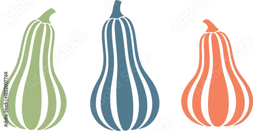 Three elongated gourds in pastel colors arranged on a white background Keywords: gourd, squash, butternut squash, pumpkin, autumn, fall, harvest, vegetable, food, organic, on transparent background