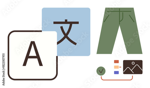 Letter A, Chinese character, green pants, image icon, checklist. Ideal for translation, language, fashion design communication branding creativity themes. Simple flat metaphor