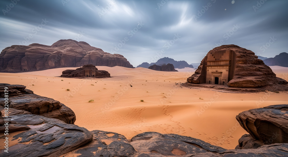 Fototapeta premium Majestic ancient tomb carved into sandstone mountains in Wadi Rum, Jordan, under a dramatic cloudy sky.