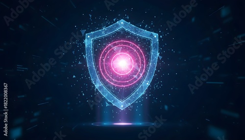 Digital shield with glowing pink core and abstract futuristic background, representing cybersecurity and data protection.