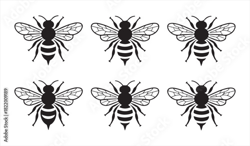 Vector Bee Icon Set with Striped Bodies and Decorative Wing Patterns