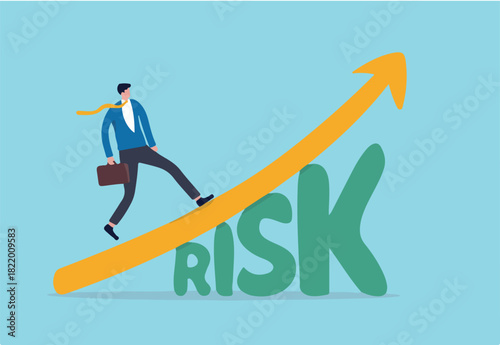 High risk high return stock market investment, trade off of risky investment asset rewarding growth return concept, confident smart investor walking on grow up stock market graph above the word Risk