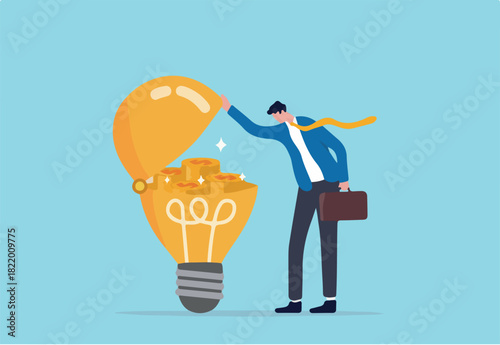 Make money idea, innovation or technology investment or creativity to make profit concept, smart businessman open bright lightbulb idea and found compound earning profit money coins.