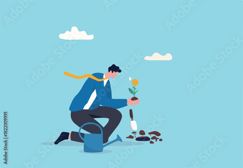 Investing in growth stock, growing pension fund, saving or make profit from retirement fund, growing wealth or investment asset concept, businessman investor planting money seedling for prosperity.