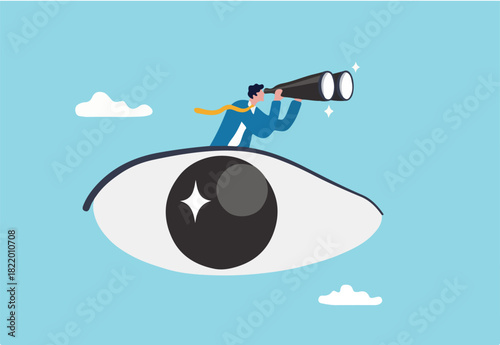 Business vision, eye looking for opportunity or discover success idea, leadership visionary look forward for future, search for success concept, businessman look through binoculars from his big eye
