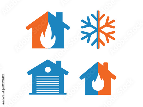 Four hvac themed icons featuring house fire snowflake and garage door