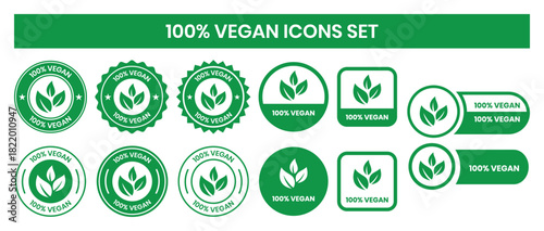 Vegan food icon set badge sign. Bio, Ecology, Organic logos and badges, label, tag. Green leaf on white background. Vector illustration. Vegan food logo, label, sign, badge, symbol, banner.