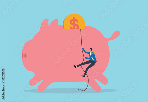 Personal finance strategy, income tax or investment target for office worker retirement concept, confidence businessman using rope to climb up pink piggy bank with golden money coin as final target.