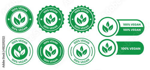 Vegan food icon set badge sign. Bio, Ecology, Organic logos and badges, label, tag. Green leaf on white background. Vector illustration. Vegan food logo, label, sign, badge, symbol, banner.
