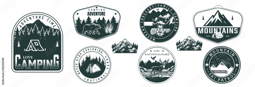 Obraz premium camping-badges-adventure-signs-travellers-mountains-outdoor-extreme-travel-emblem-vintage-hiking-vector