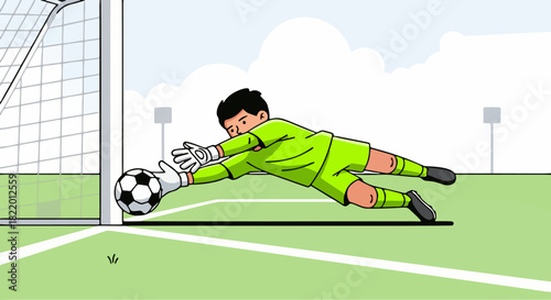 A cartoon illustration depicts a soccer goalkeeper diving to his left to block a soccer ball from entering the goal.