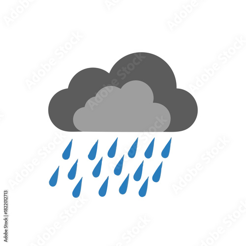 Dark cloud with long blue raindrops in a clean minimal 3D vector style, modern heavy rain weather forecast icon on pure white background