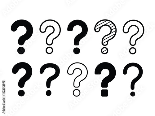 Ten question marks arranged in two rows on a white background